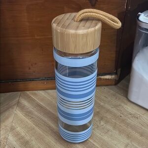 Blue and Tan Striped Water Bottle with Bamboo Lid